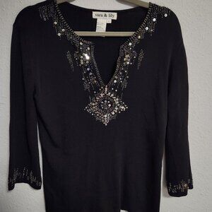 Sara & Lily | Women's Black Sequin Beaded Party Top Large